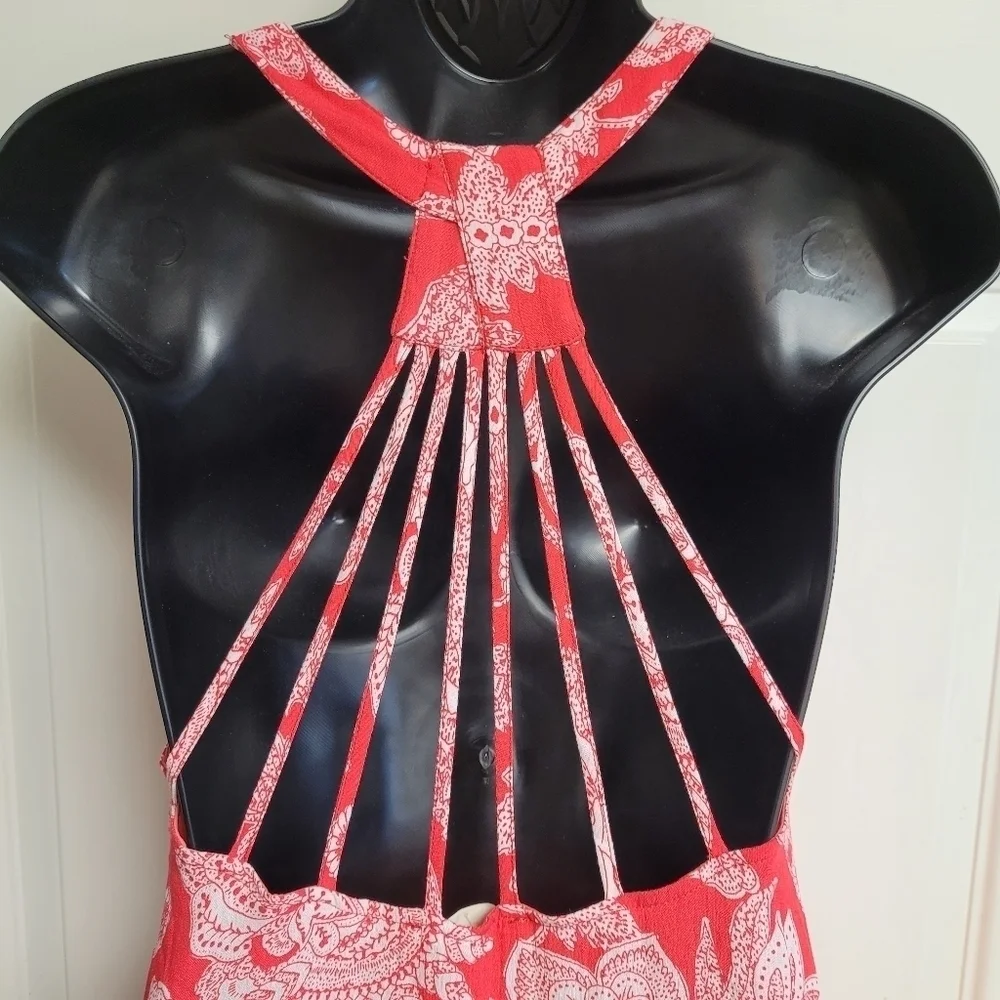 Entro Coral And White Paisley Open Strappy Back‎ Swing Dress Women's Size Small